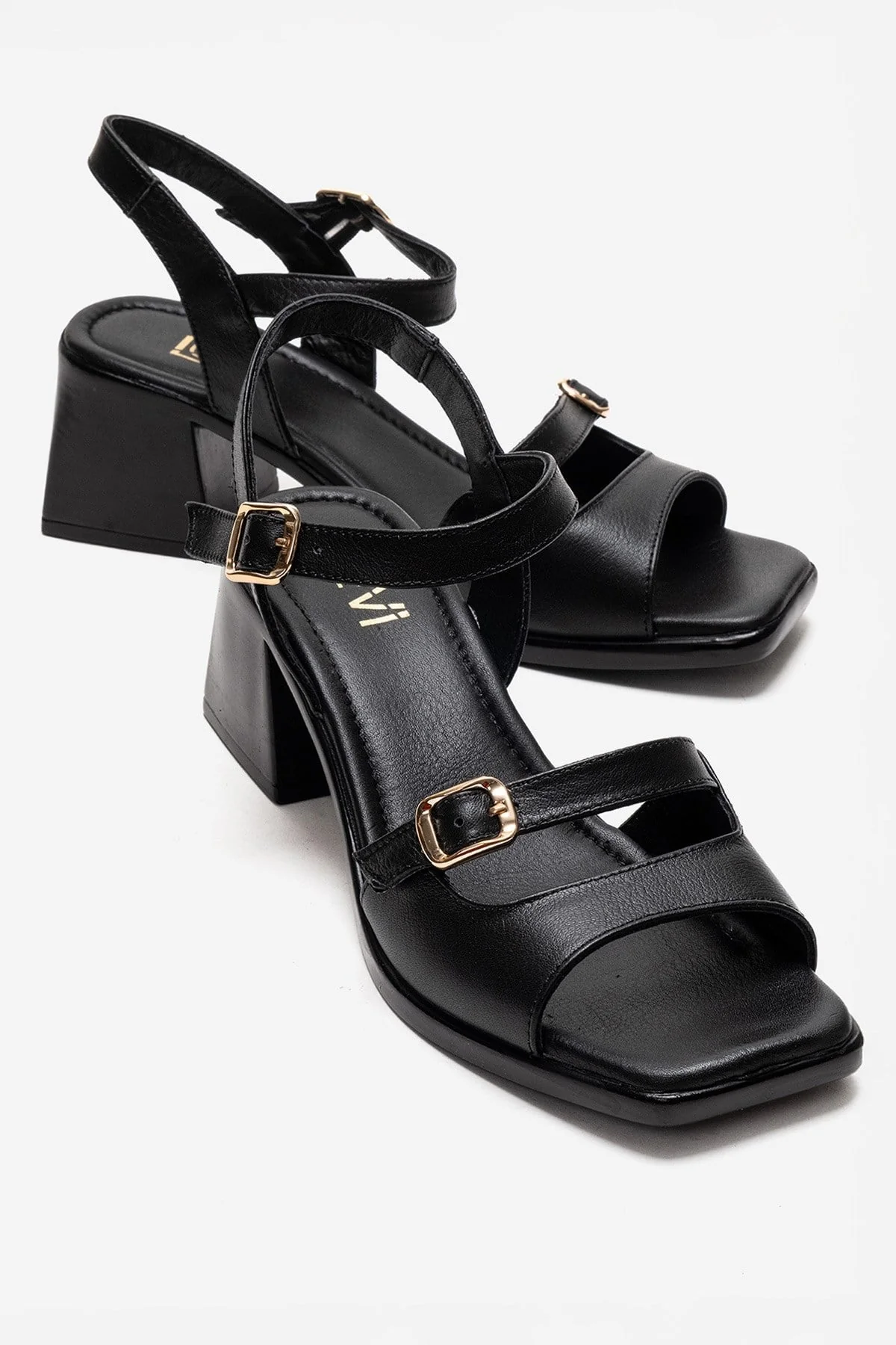YOLEN - Black Genuine Leather Block Heel Sandal (Women)